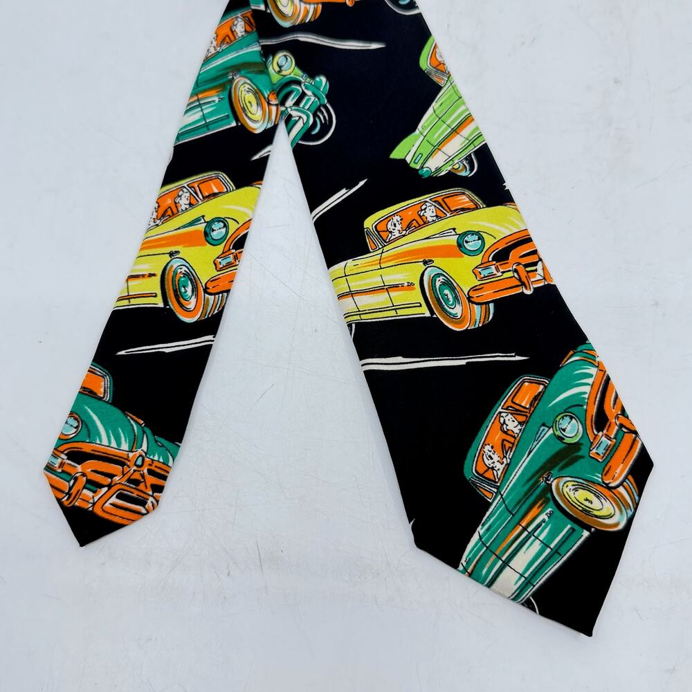 Vintage REINE SEIDE Classic Car Print Black Silk Neck Tie